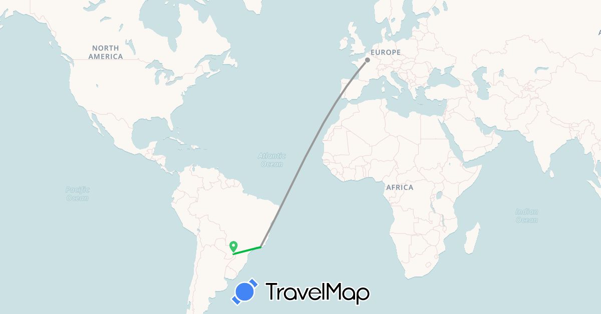 TravelMap itinerary: bus, plane in Brazil, France (Europe, South America)